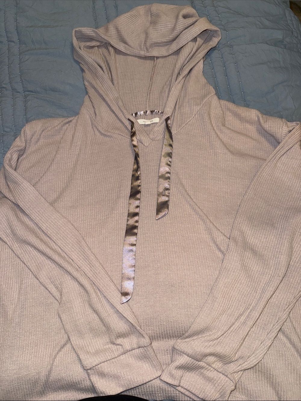 Maurices Dusty Mauve Ribbed Hoodie with Satin Drawcords